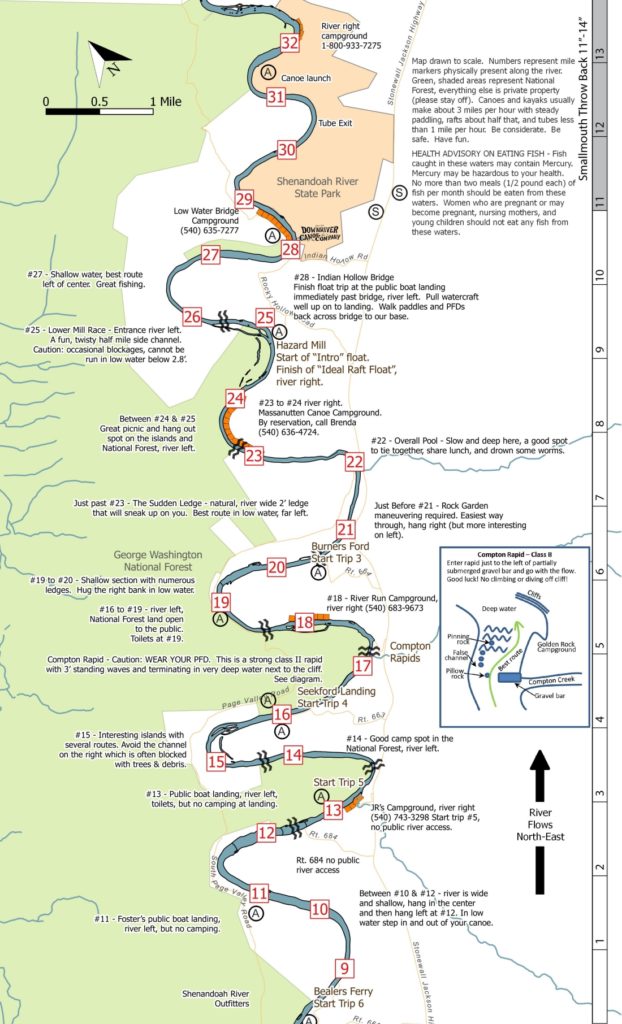 small map of south fork mile 1-28 luray to bentonville Downriver Canoe Company Shenandoah Valley River